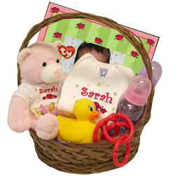C06155 - New Baby "Lovely As A Rose" Personalized Economy Gift Basket
